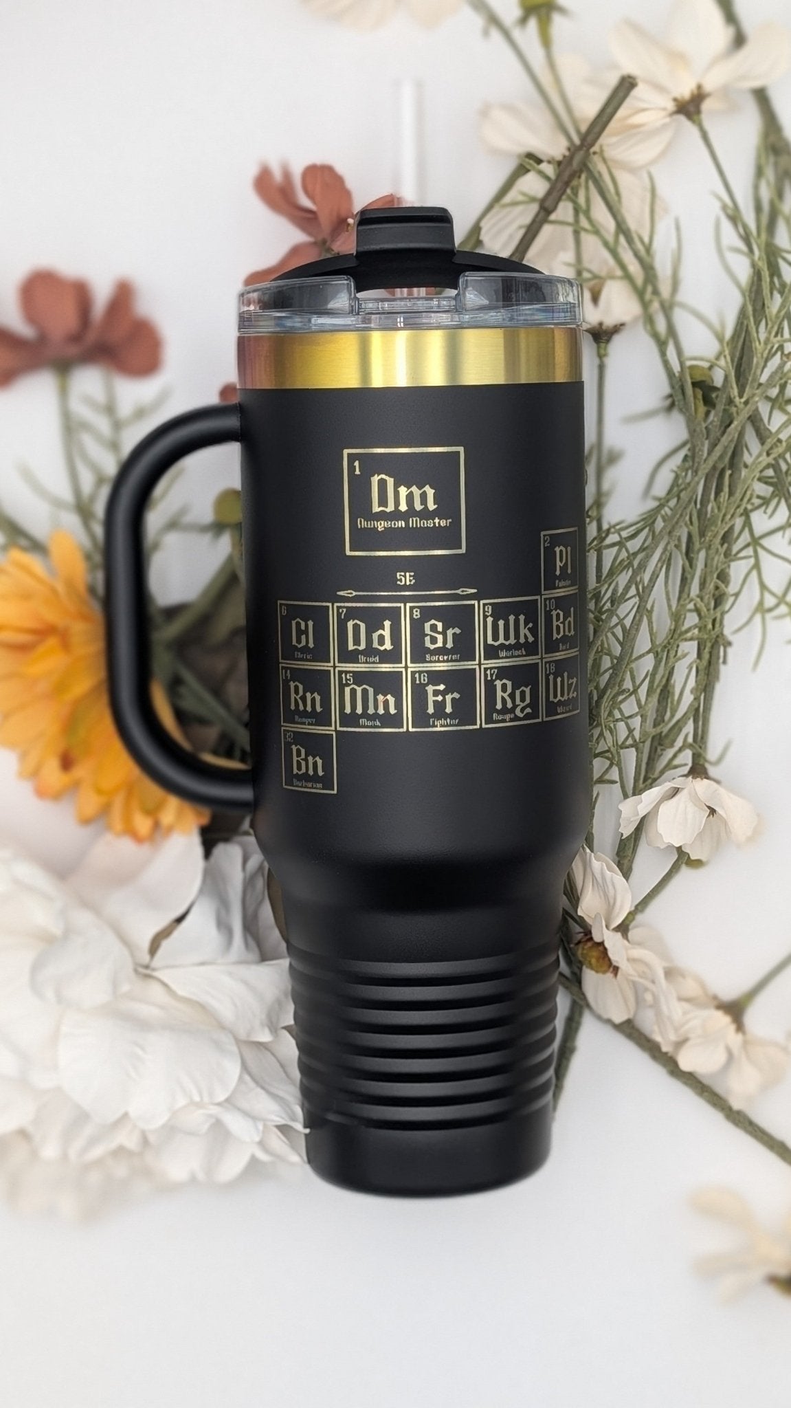 Dungeons & Dragons Inspired Peroidic Table Tumbler - 40oz Stainless Steel With Prismatic Engraving Travel Mug