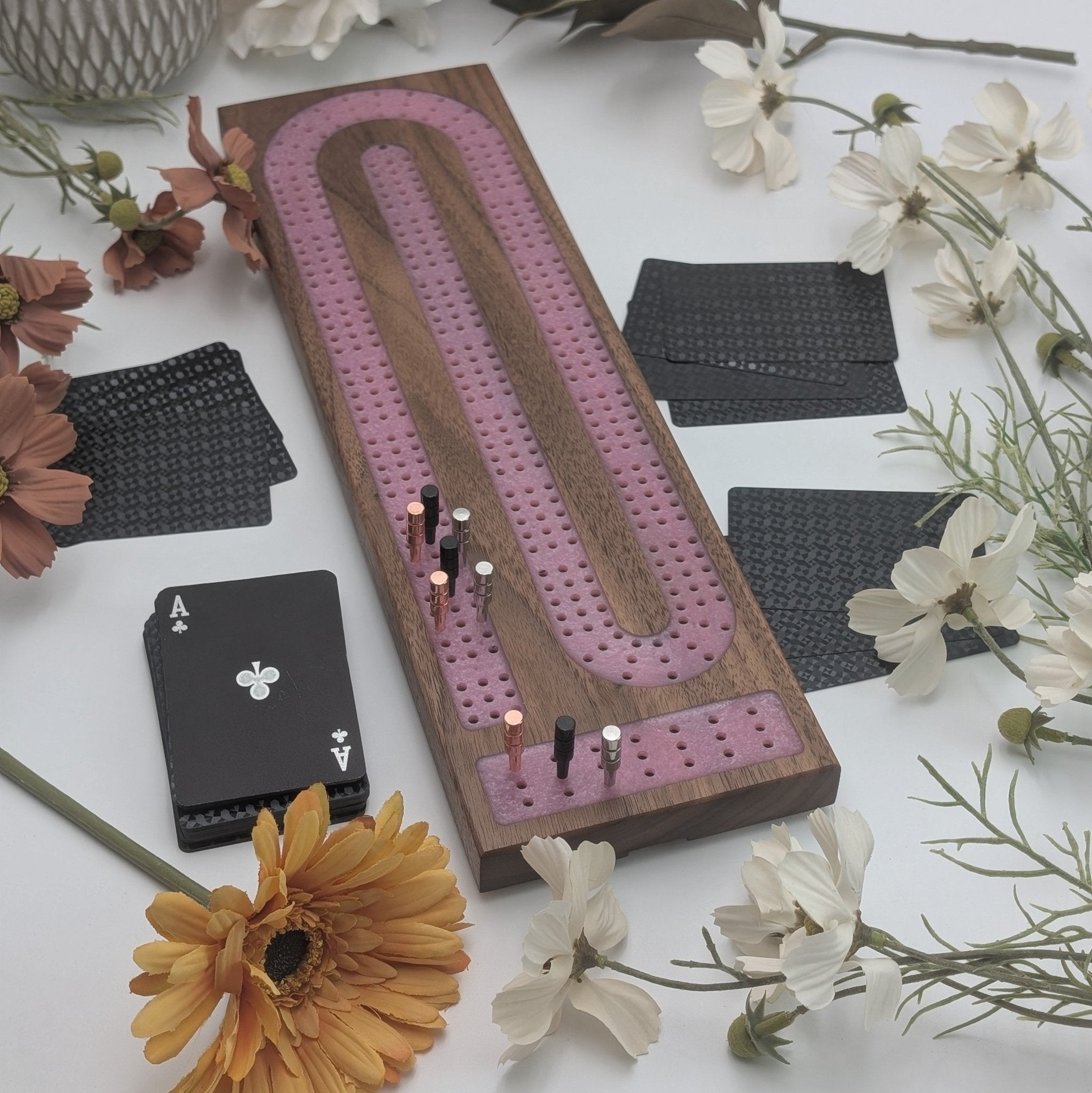 Premium Cribbage Board - Rose Quartz Resin Inlay