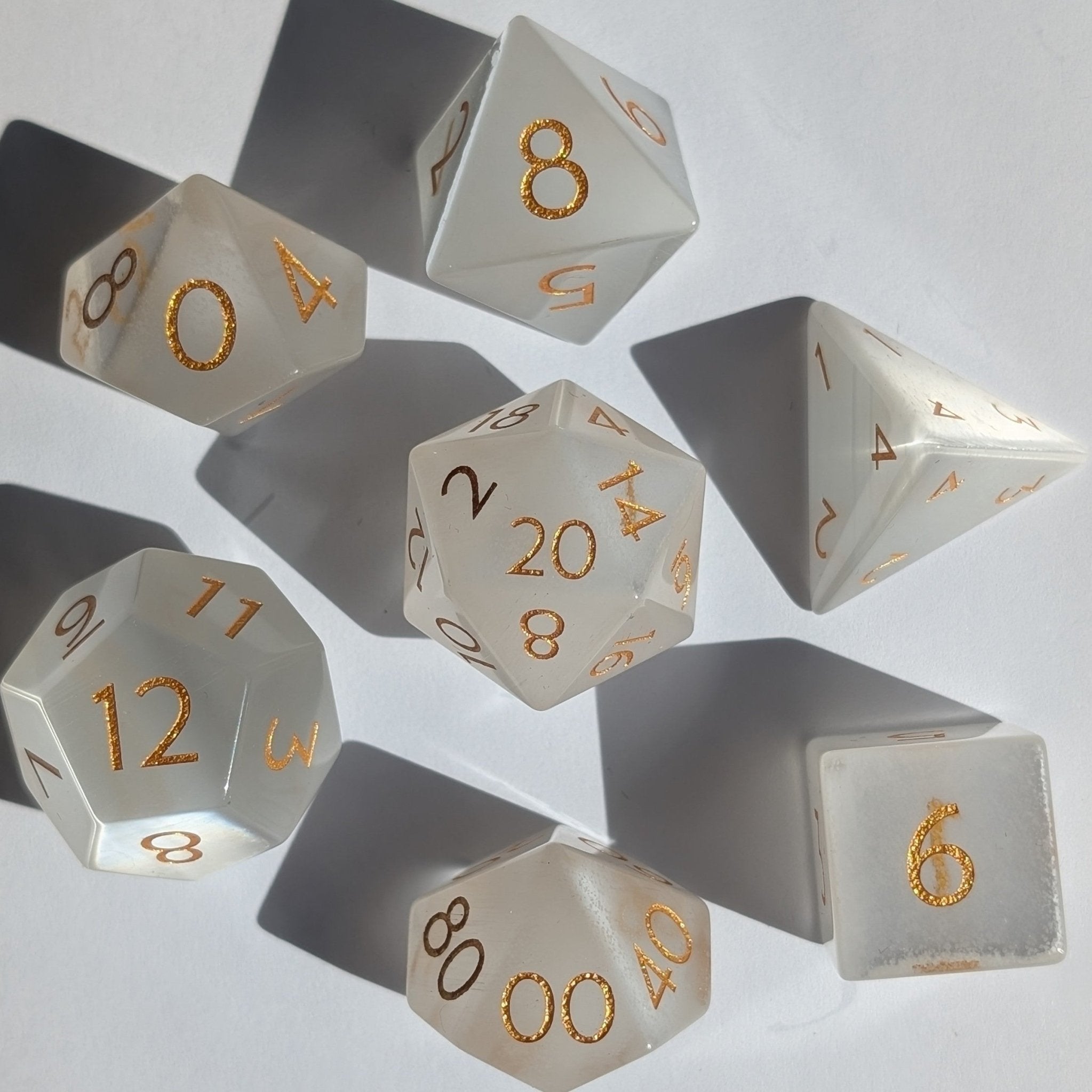 White Cat Eye - 7 Piece Polyhedral Gemstone Dice Set