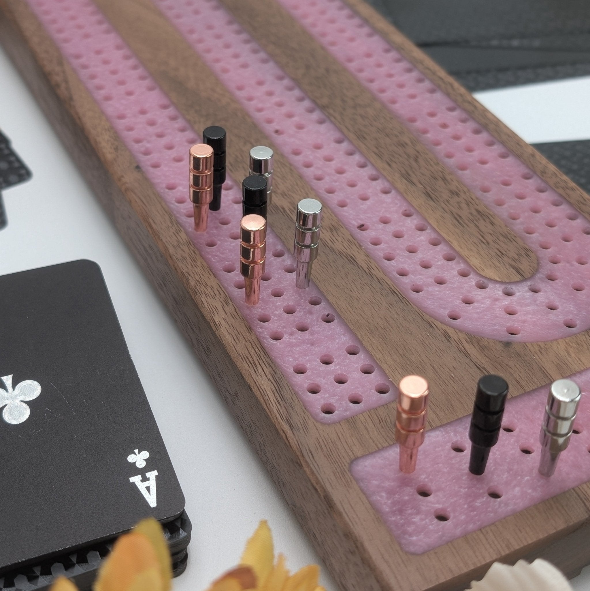 Premium Cribbage Board - Rose Quartz Resin Inlay