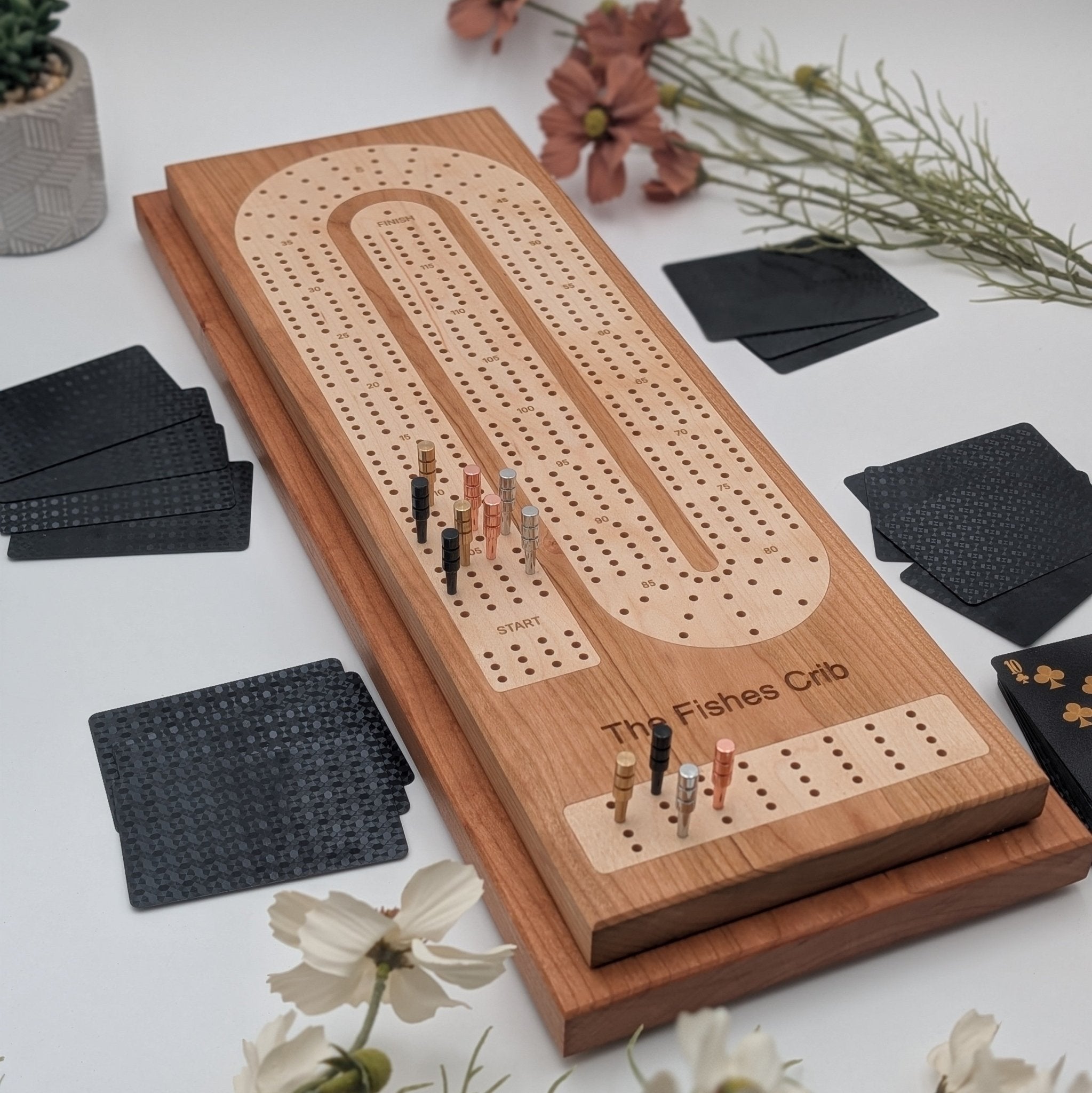 Four Lane Cribbage Board with Wooden Inlay and Card Storage