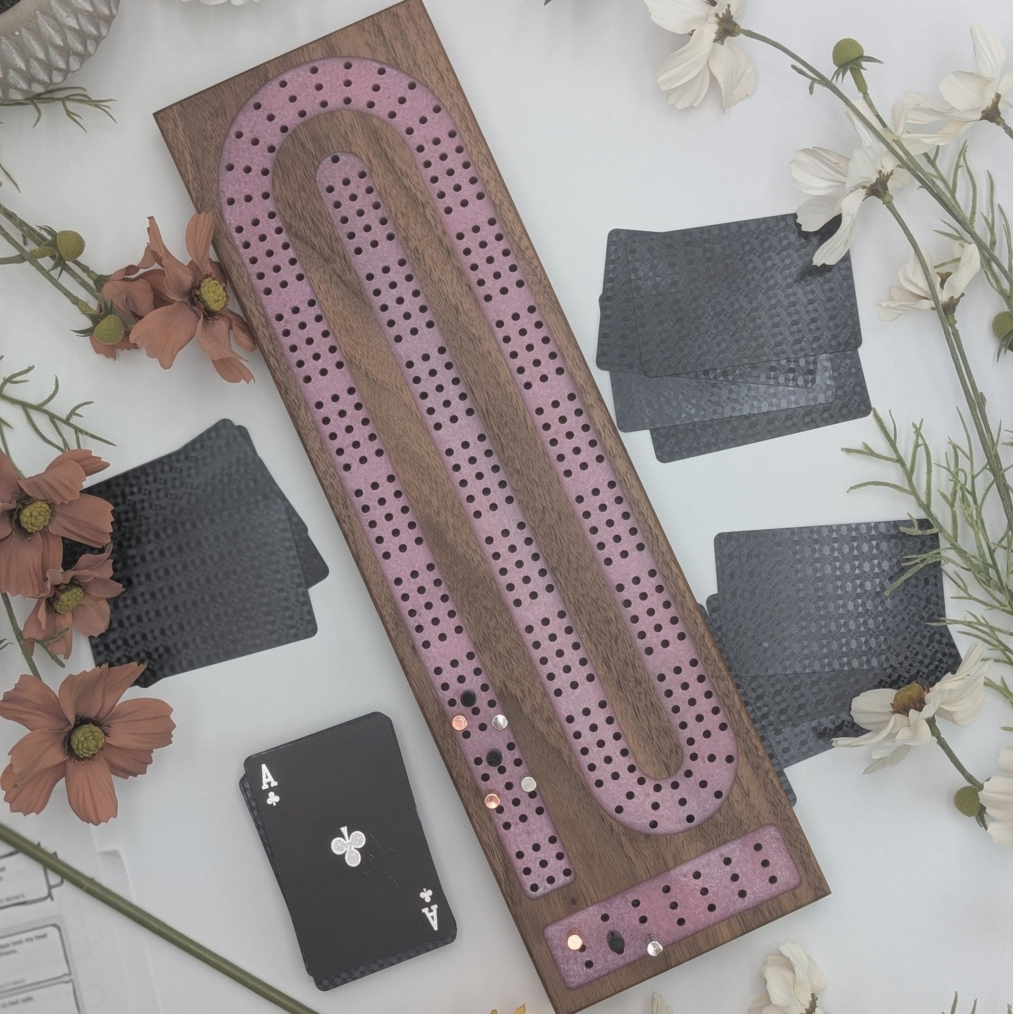 Premium Cribbage Board - Rose Quartz Resin Inlay