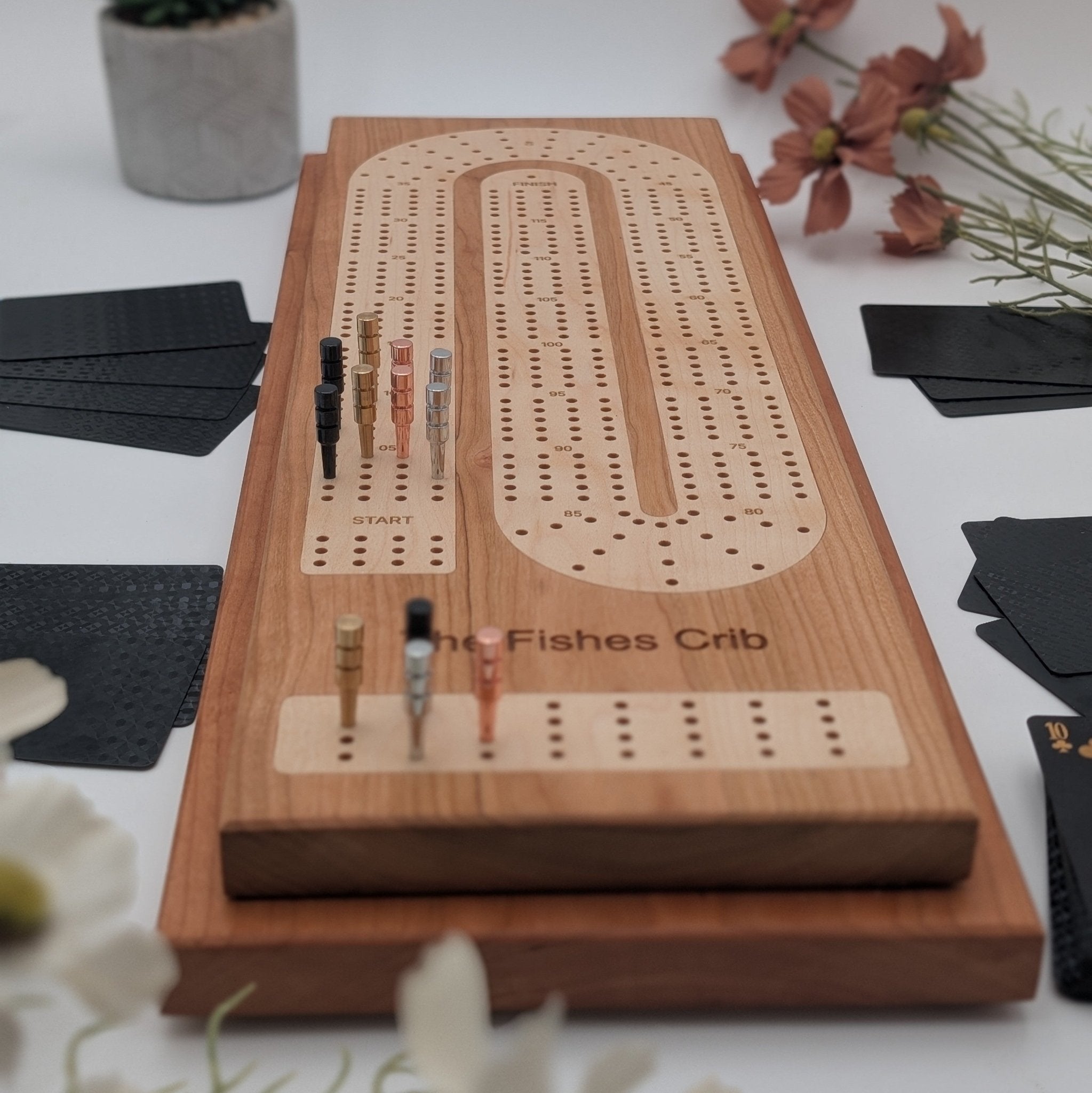 Four Lane Cribbage Board with Wooden Inlay and Card Storage