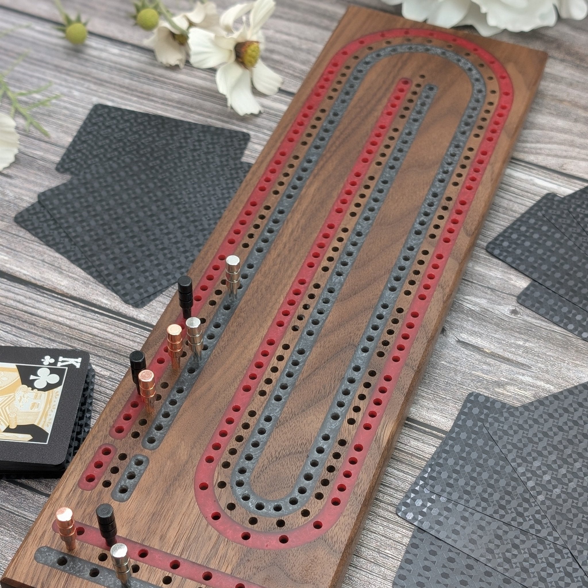 Premium Cribbage Board - Multi Lane Blood Red and Pewder Inlay