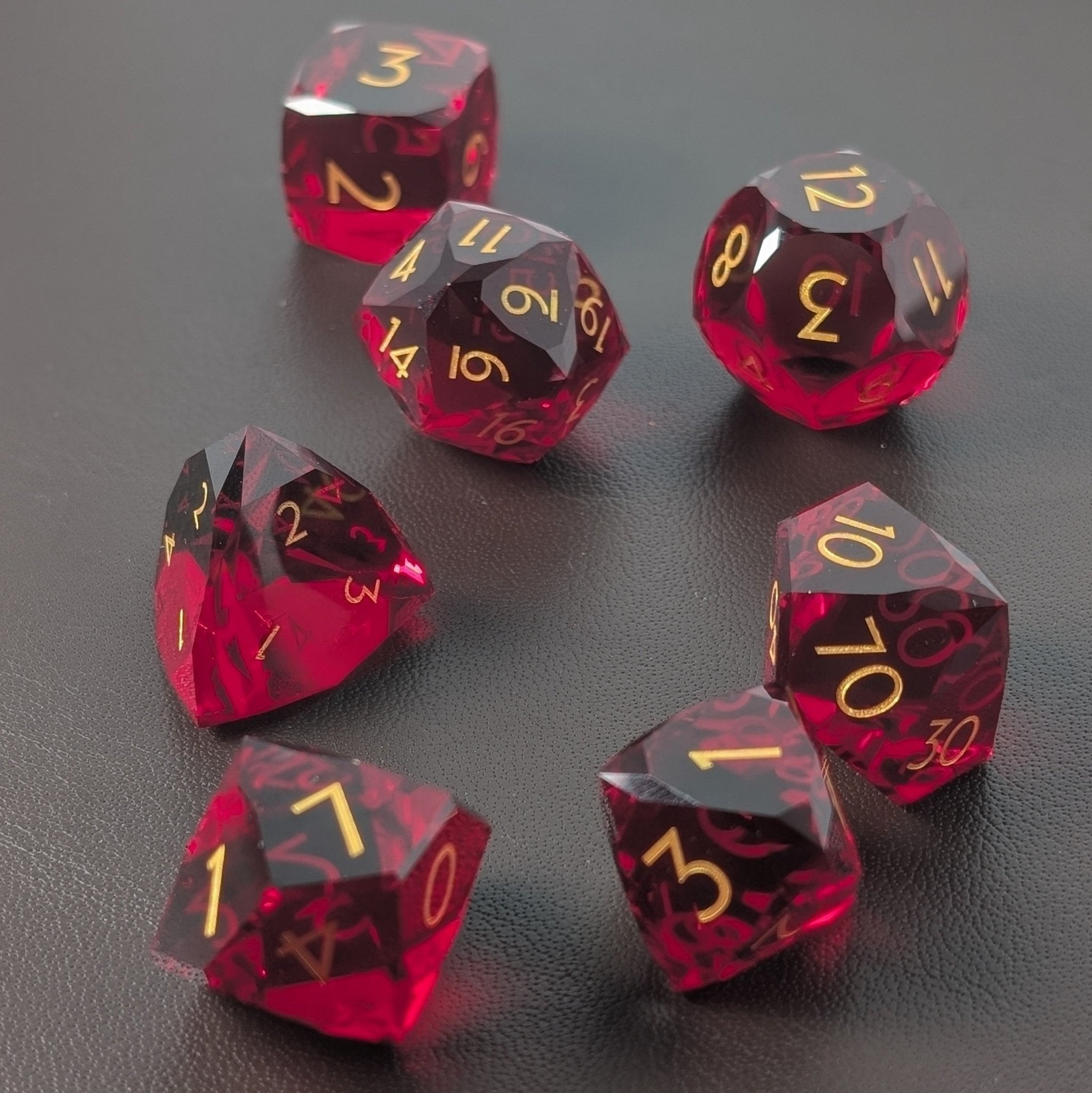 Red Glass Gem Cut - 7 Piece Polyhedral Gemstone Dice Set