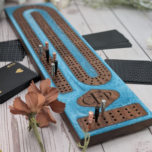 Reverse Pour Monogram Glacier Blue Resin Premium Cribbage Board - Three Lane Cribbage Board