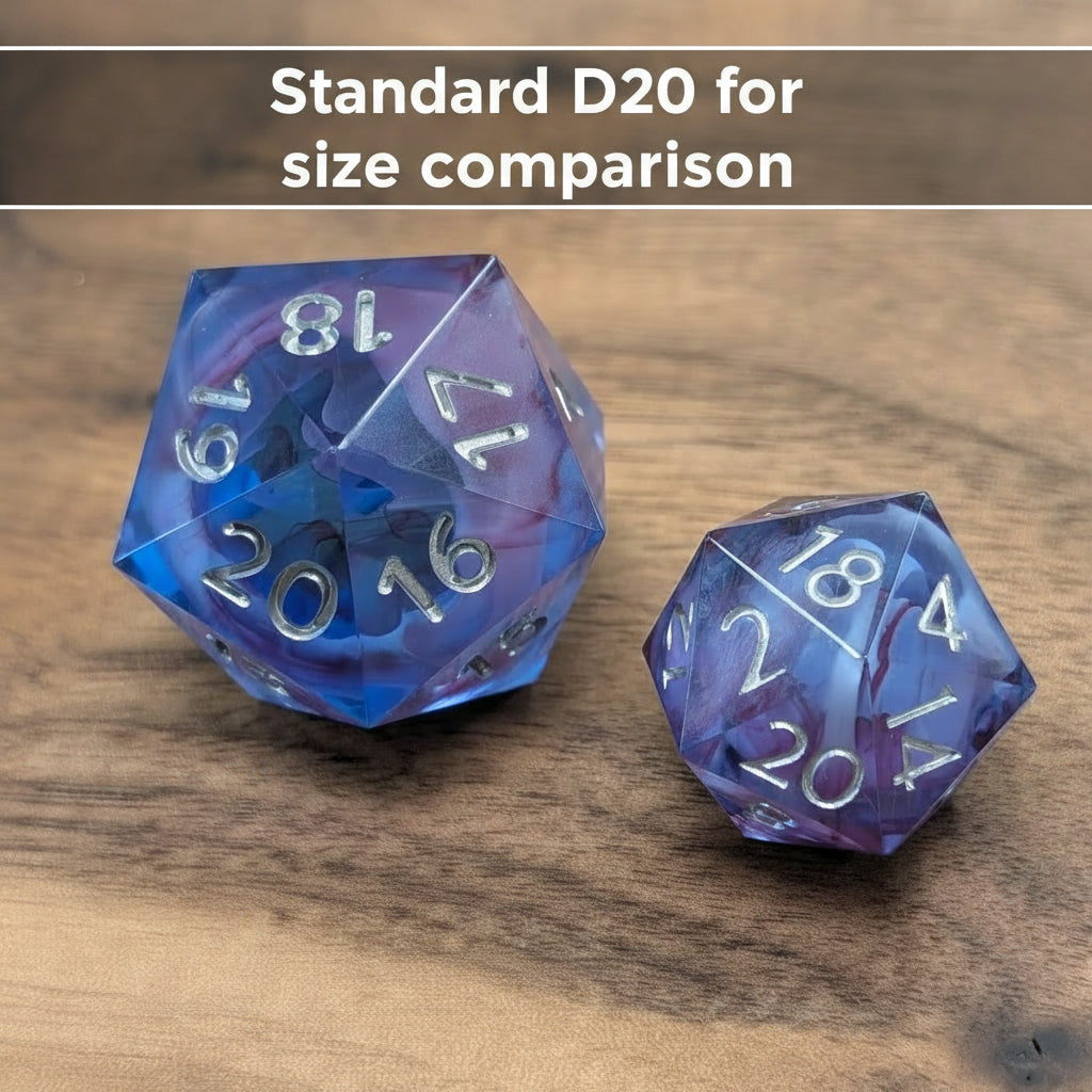Two translucent polyhedral dice in blue and purple with white numbering, resting on a wooden tabletop.
