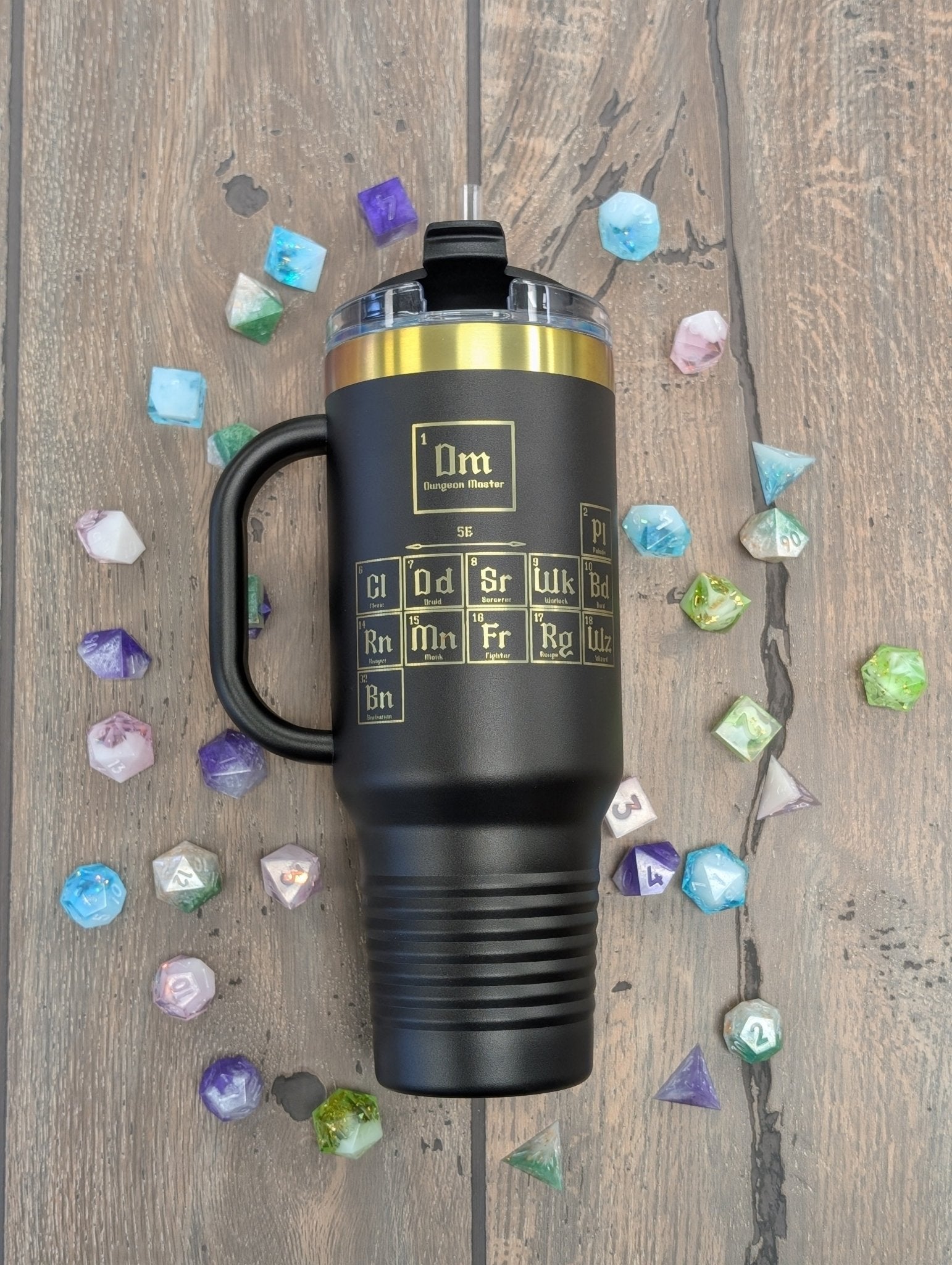 Dungeons & Dragons Inspired Peroidic Table Tumbler - 40oz Stainless Steel With Prismatic Engraving Travel Mug