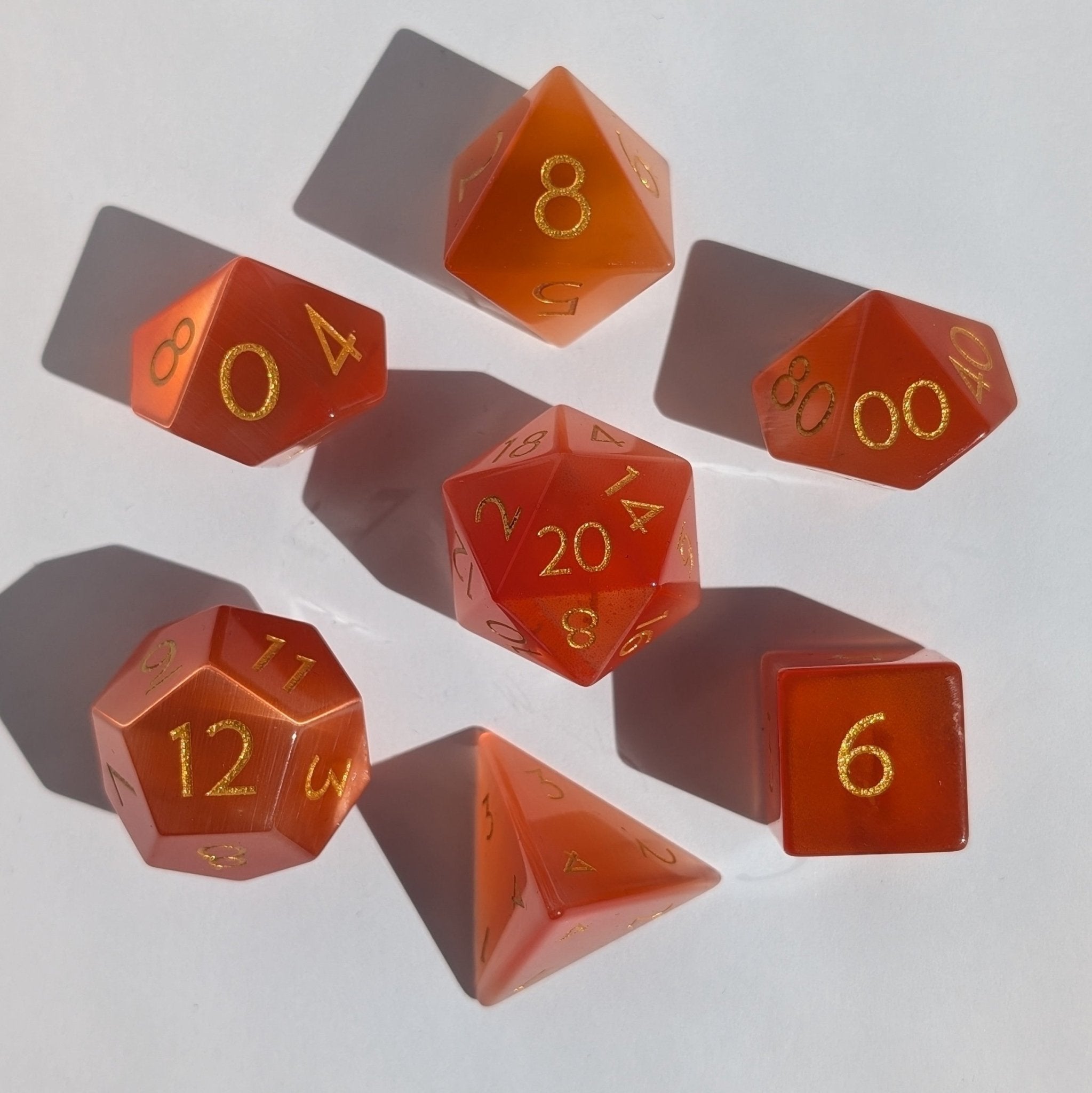 Orange Cat Eye - 7 Piece Polyhedral Gemstone Dice Set