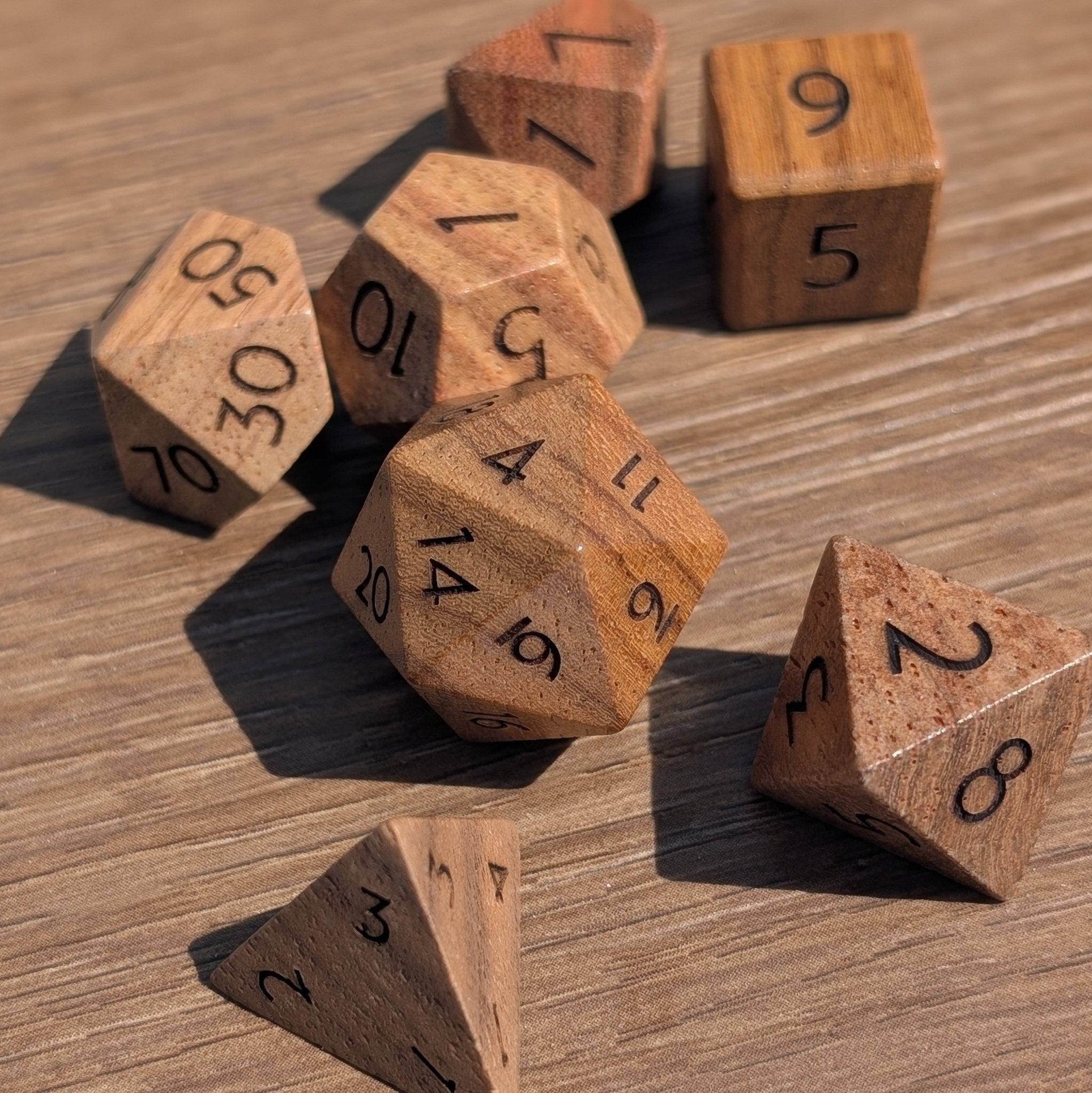 Teak Wood - 7 Piece Polyhedral Wooden Dice Set - EBONWOOD