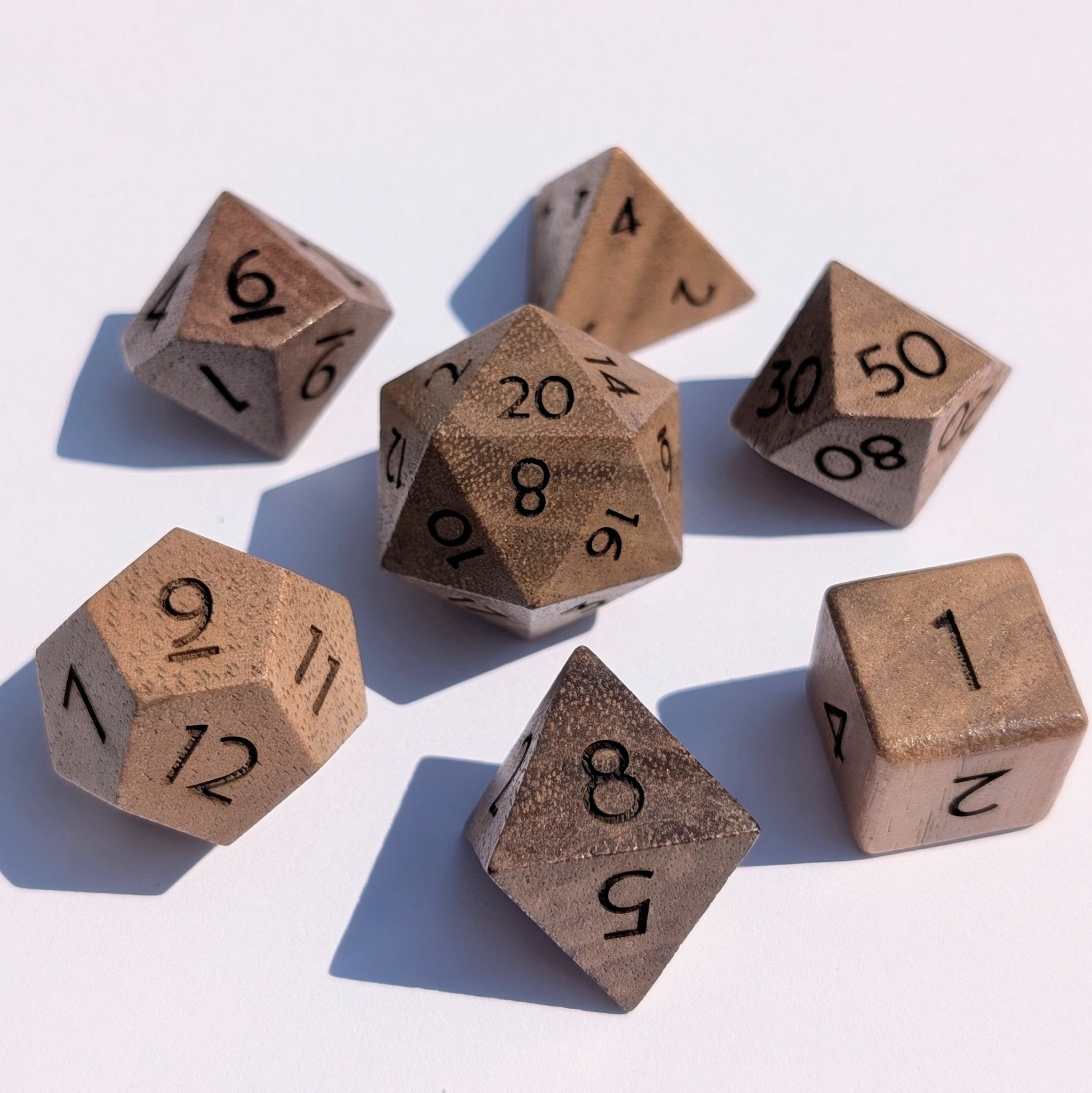 Walnut - 7 Piece Polyhedral Wooden Dice Set - EBONWOOD