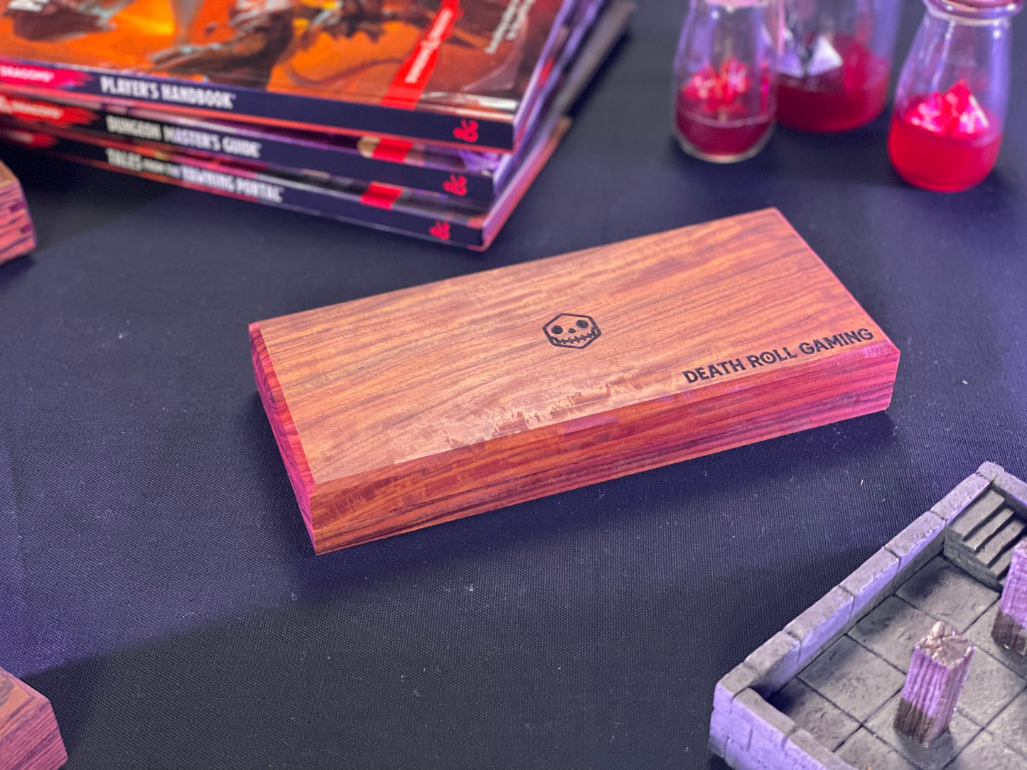 Bolivian Rosewood D&D Dice Box | Engravable | Holds 3.5 sets of dice and a mini | Made in the USA
