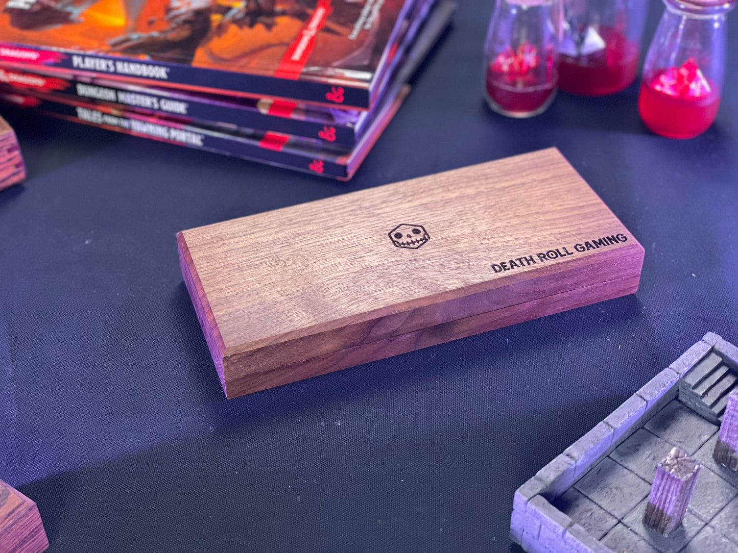 Walnut D&D Dice Box | Engravable | Holds 3.5 sets of dice and a mini | Made in the USA
