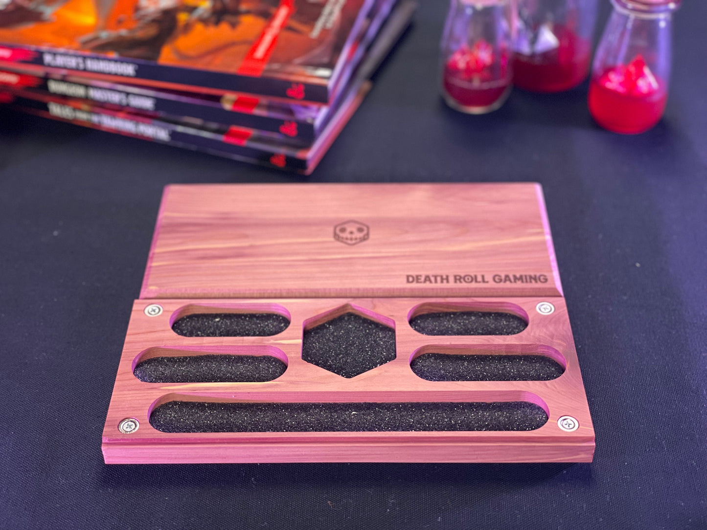 Aromatic Cedar D&D Dice Box | Engravable | Holds 3.5 sets of dice and a mini | Made in the USA
