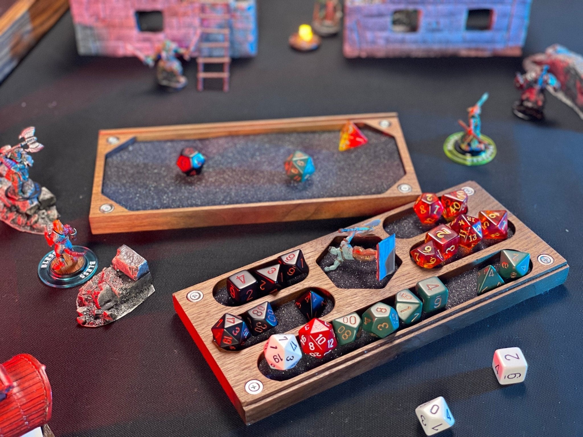 Walnut D&D Dice Box | Engravable | Holds 3.5 sets of dice and a mini | Made in the USA