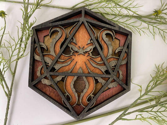 Kraken's Clutch - D20 Wooden Wall Art for Dungeons and Dragons Enthusiasts