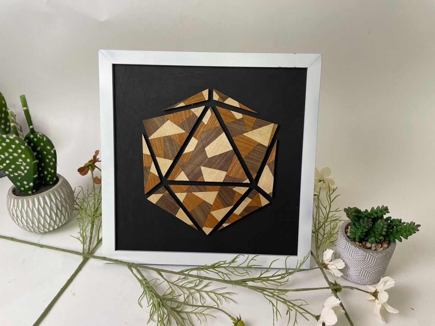 D20 Stained Glass Art - D&D Art - 12in x 12in framed - Comes in Black/White/Brown Frames