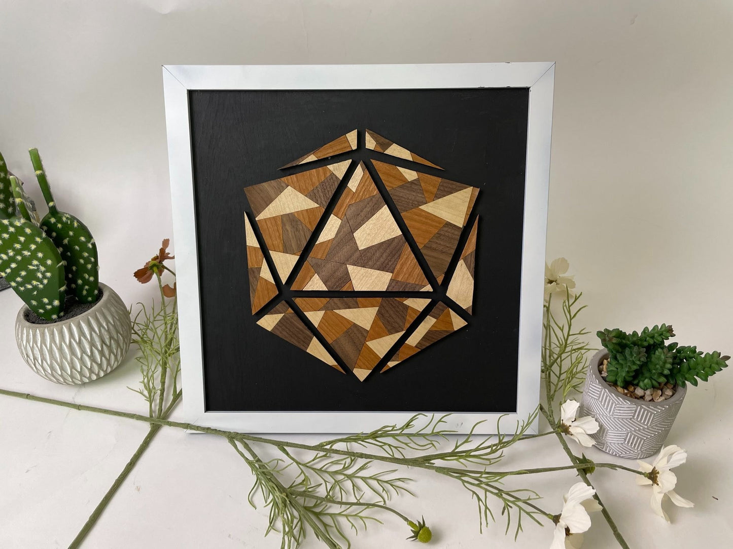 D20 Stained Glass Art - D&D Art - 12in x 12in framed - Comes in Black/White/Brown Frames