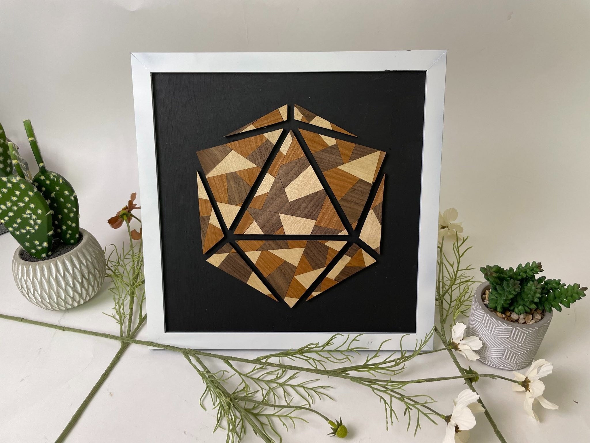 D20 Stained Glass Art - D&D Art - 12in x 12in framed - Comes in Black/White/Brown Frames