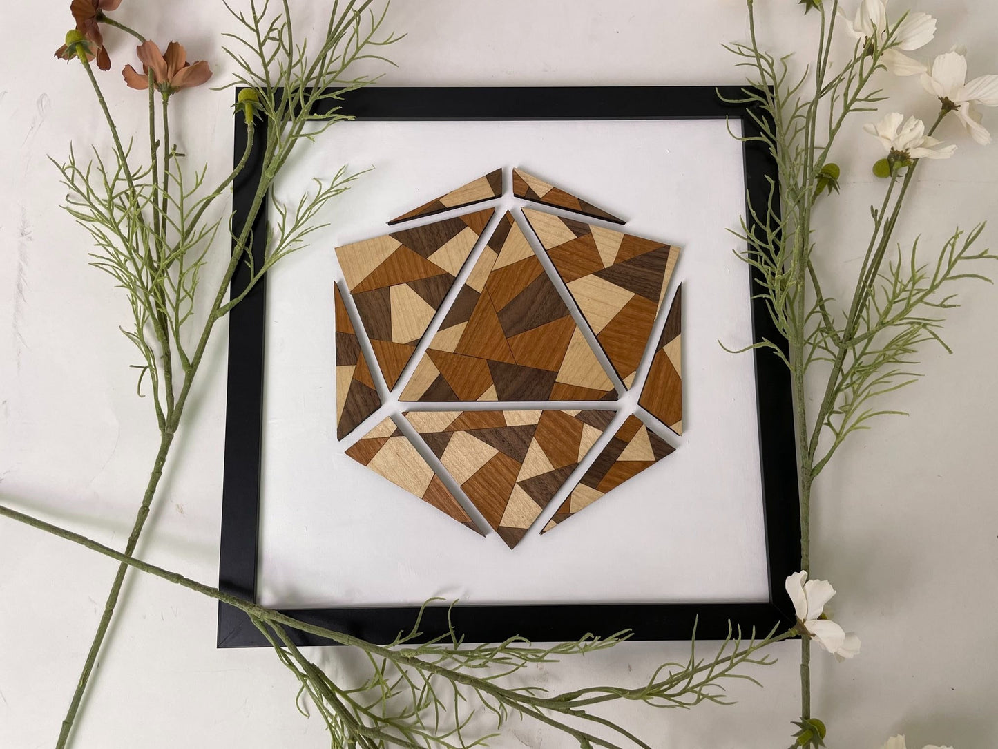 D20 Stained Glass Art - D&D Art - 12in x 12in framed - Comes in Black/White/Brown Frames