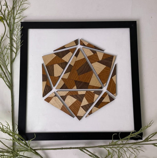 D20 Stained Glass Art - D&D Art - 12in x 12in framed - Comes in Black/White/Brown Frames