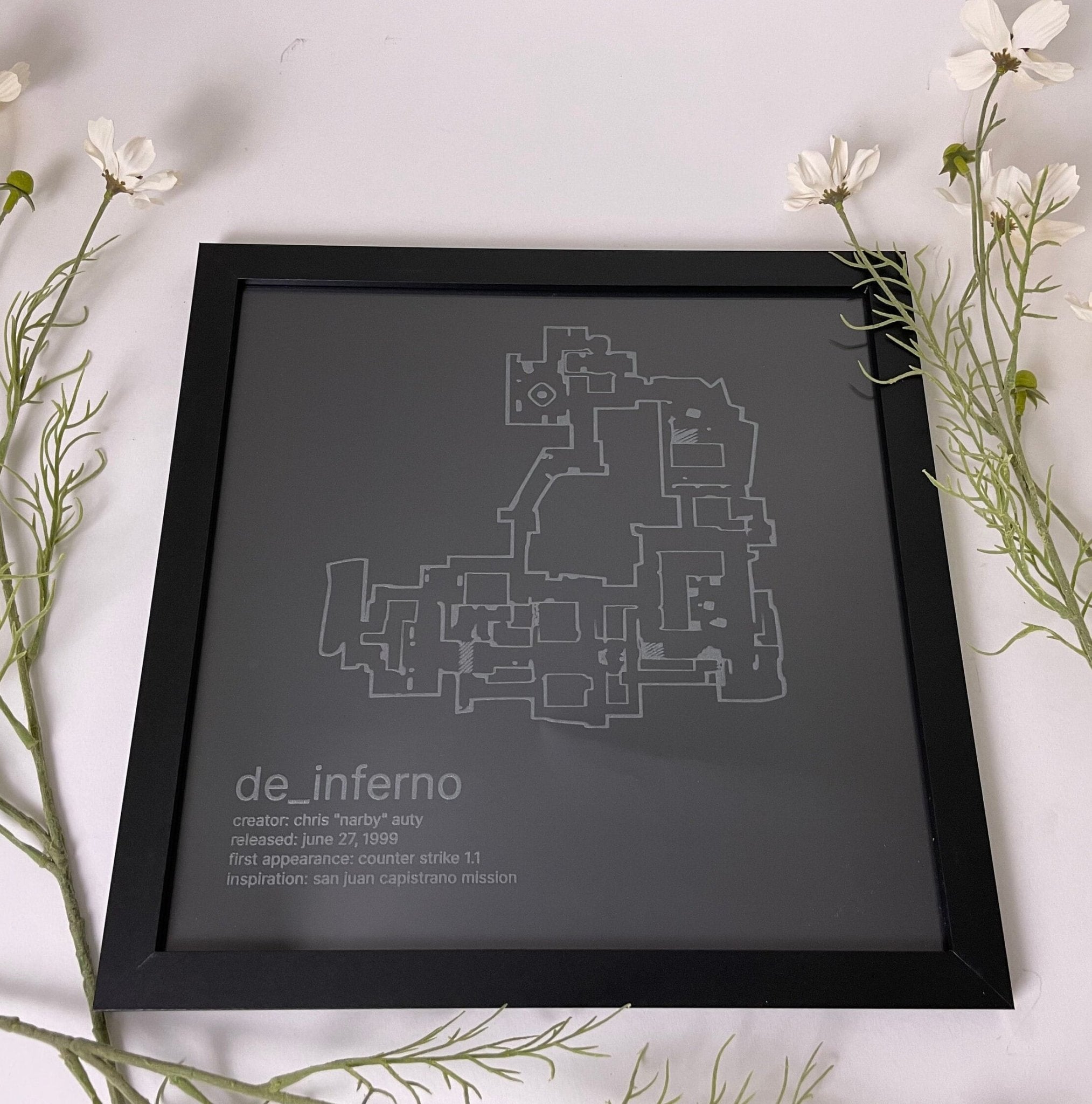 Counter-Strike Cartography, De_Inferno Etched on Glass, Framed Gamer Wall Decor
