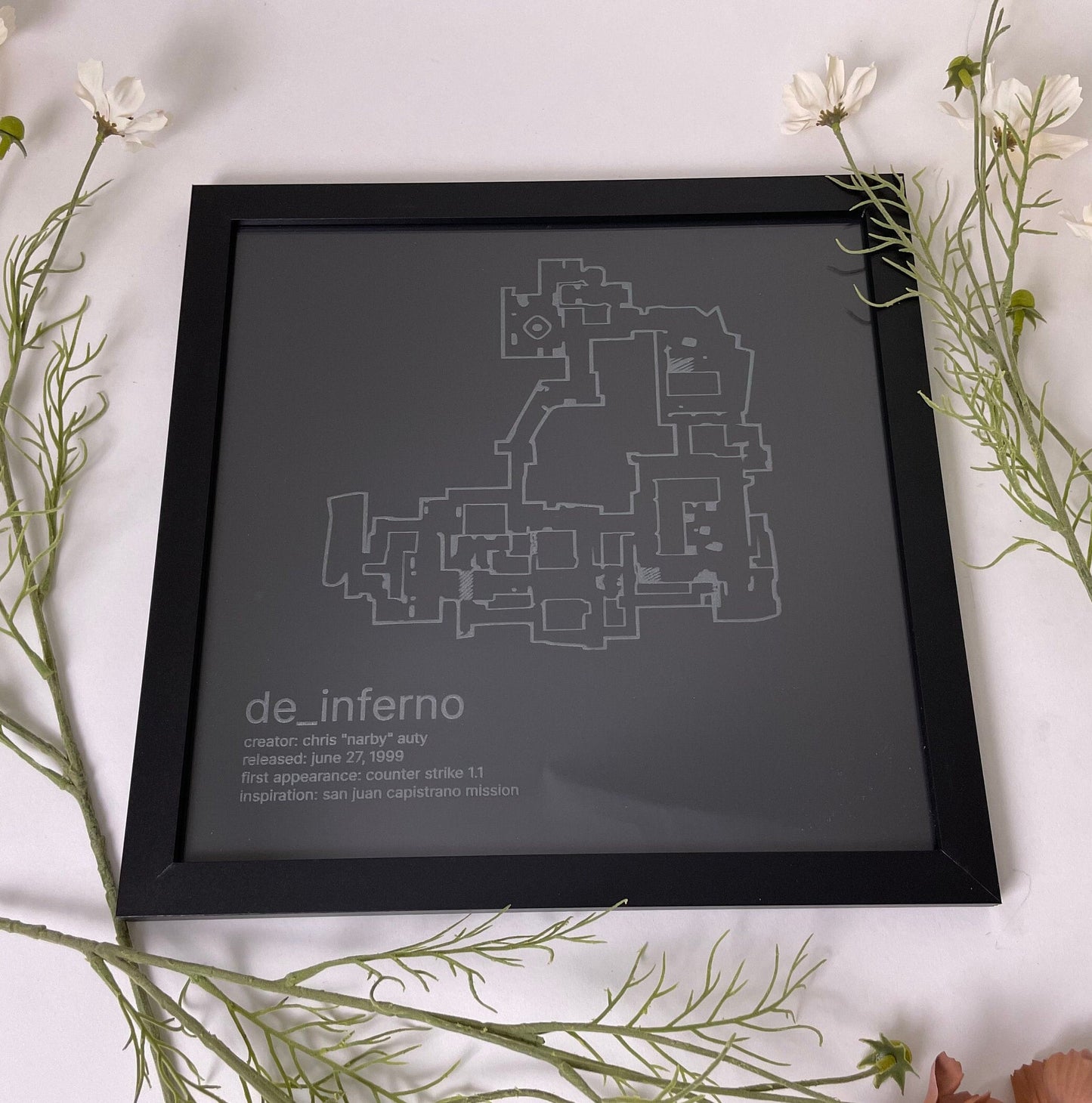 Counter-Strike Cartography, De_Inferno Etched on Glass, Framed Gamer Wall Decor