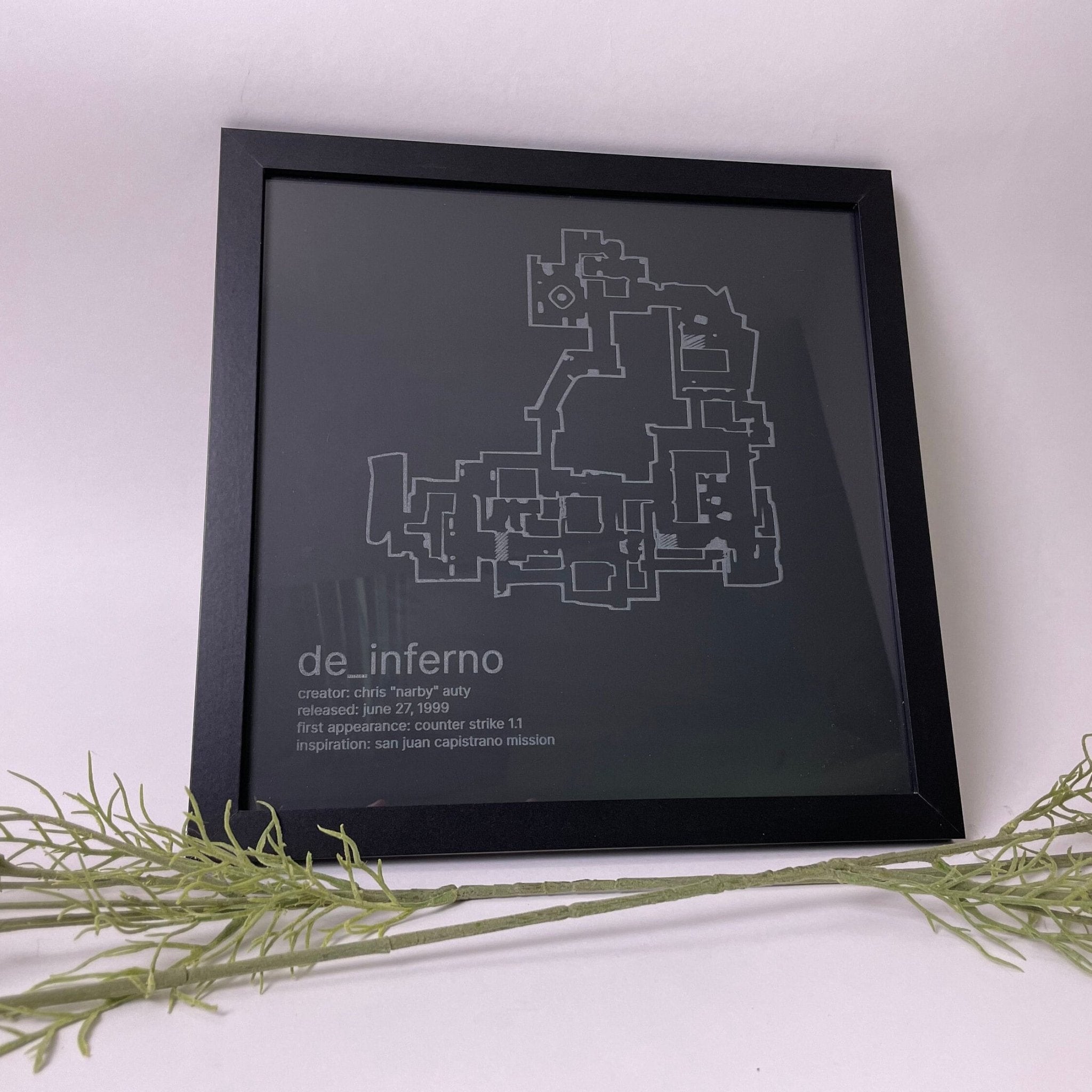 Counter-Strike Cartography, De_Inferno Etched on Glass, Framed Gamer Wall Decor