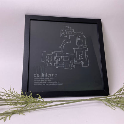 Counter-Strike Cartography, De_Inferno Etched on Glass, Framed Gamer Wall Decor