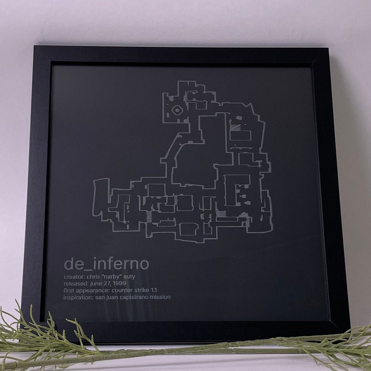 Counter-Strike Cartography, De_Inferno Etched on Glass, Framed Gamer Wall Decor
