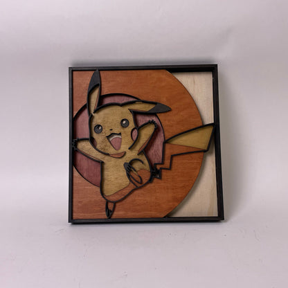 Pikachu Framed Wall Art, Pokemon Framed Wall Art, Home Decor for Pokemon Fans, Pokemon Wall Art, Layered Wooden Wall Decor, 12in x 12in