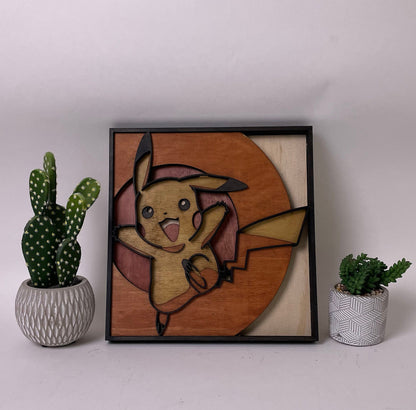 Pikachu Framed Wall Art, Pokemon Framed Wall Art, Home Decor for Pokemon Fans, Pokemon Wall Art, Layered Wooden Wall Decor, 12in x 12in