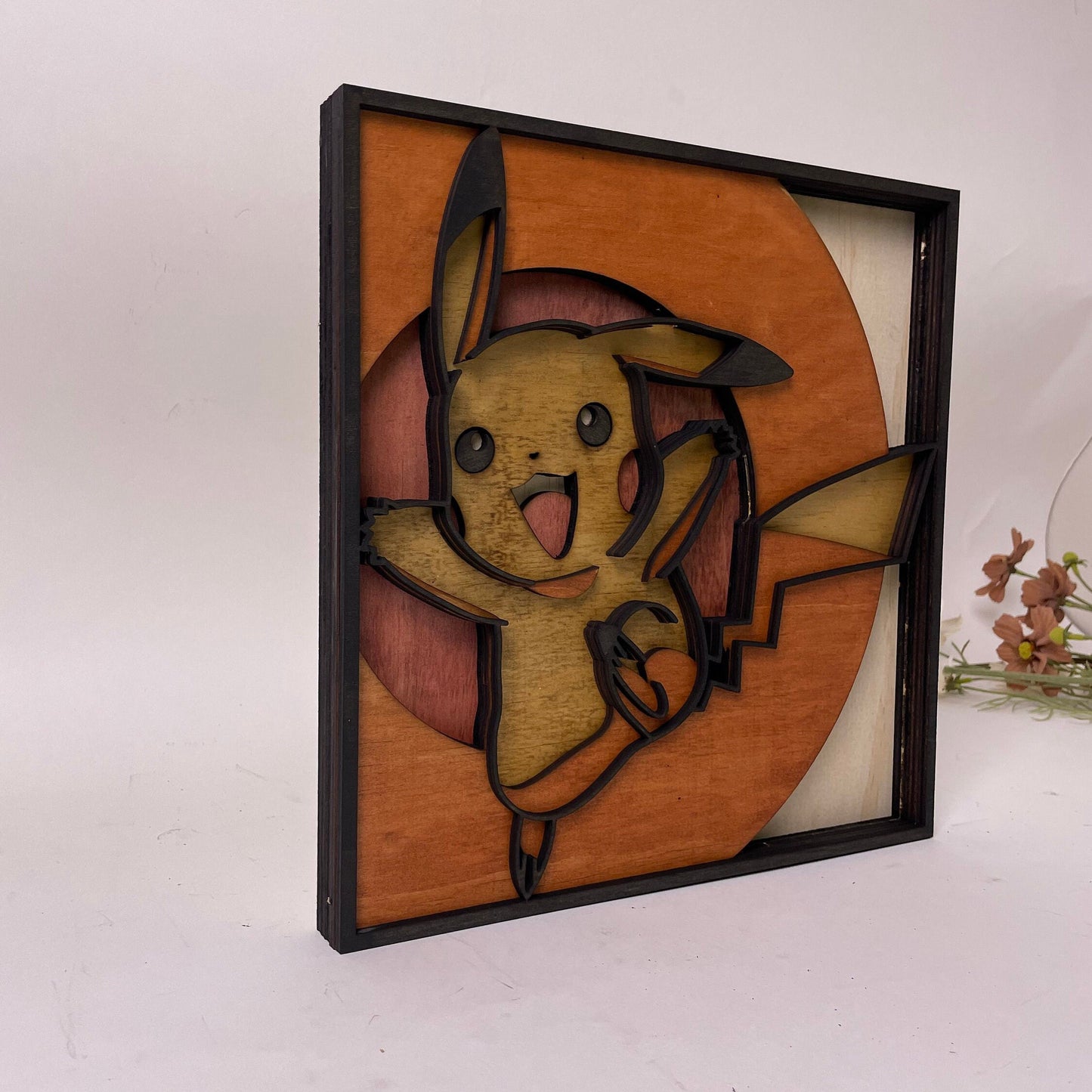 Pikachu Framed Wall Art, Pokemon Framed Wall Art, Home Decor for Pokemon Fans, Pokemon Wall Art, Layered Wooden Wall Decor, 12in x 12in