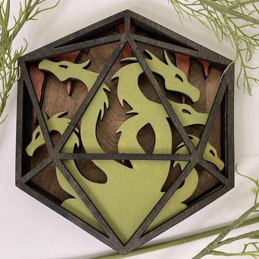 Many-Headed Monstrosity - D20 Wooden Wall Art for Dungeons and Dragons Enthusiasts